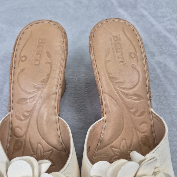 Born Women Cream Leather Flower Cork Wedge Slide Sandals W81838 10 Y2K Safflower - Picture 4 of 11